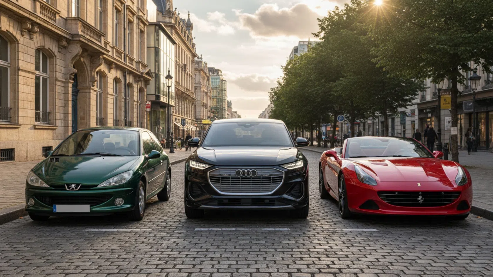Carro citadino verde, carro suv preto e supercarro desportivo vermelho