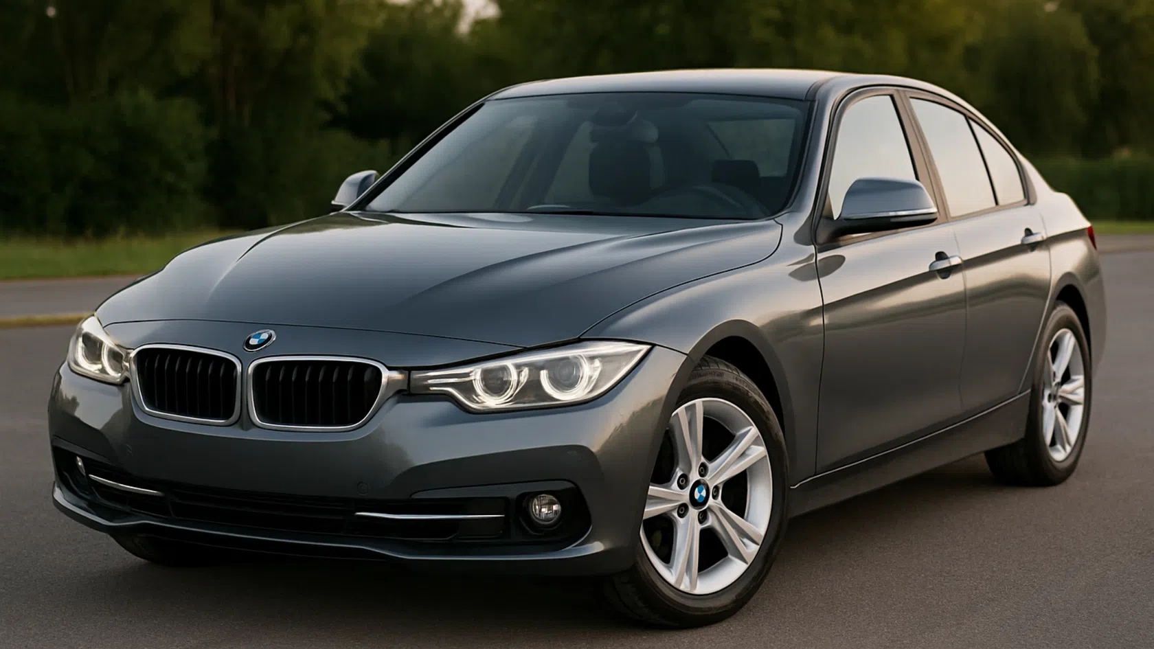 Foto frontal em 3/4 (ângulo que mostra parte da lateral e do capô) carro