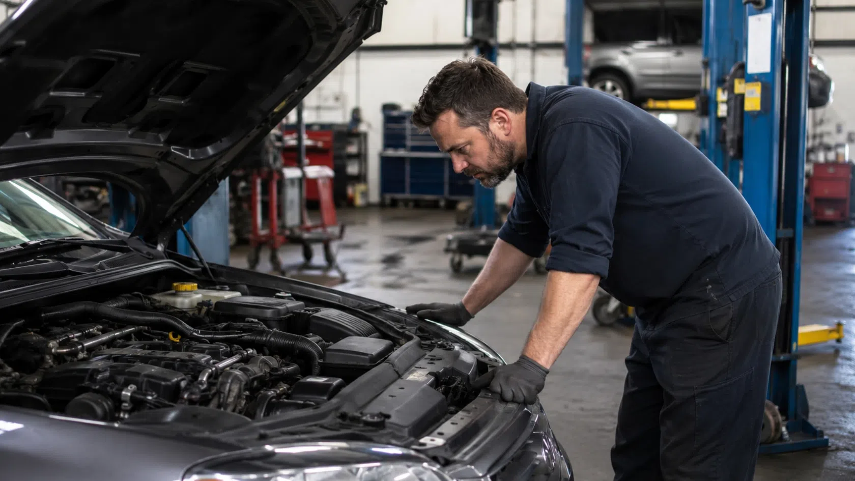 Mecanico a analisar motor de carro