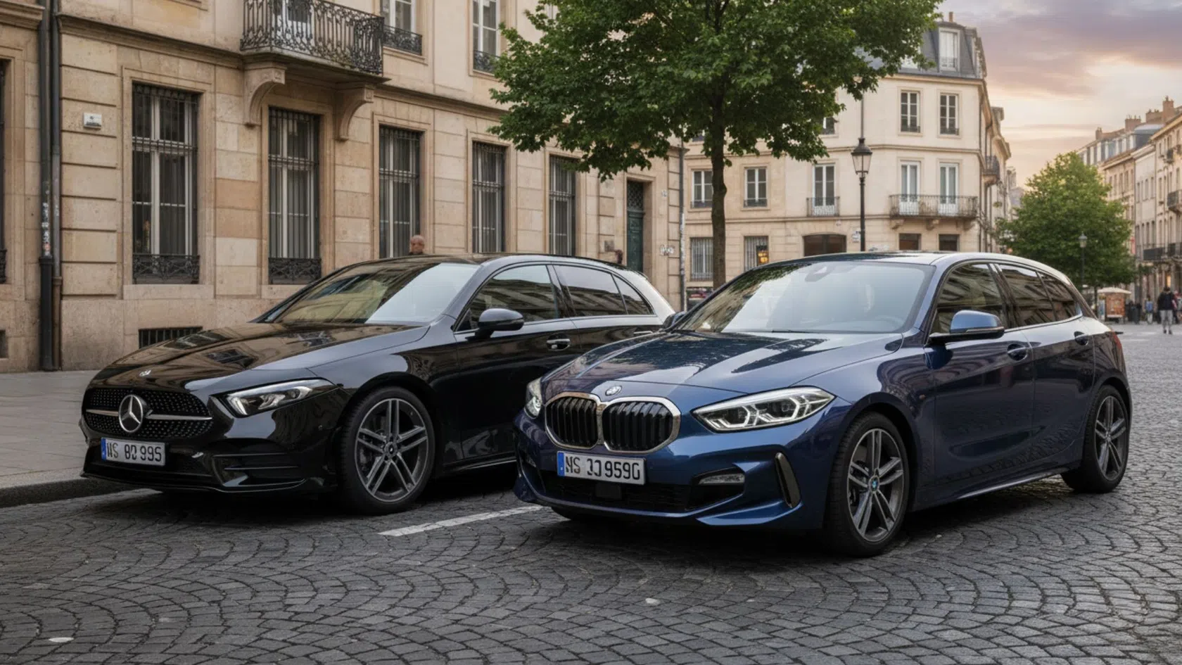 Mercedes classe A preto e BMW 116 d azul esccuro